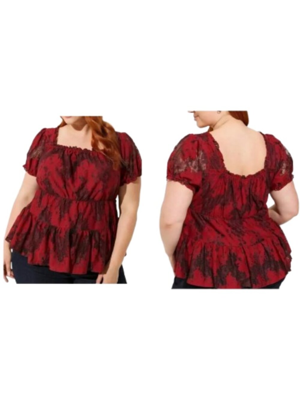 Torrid Plus Red Lace Babydoll Blouse Tiered Peplum Square Neck